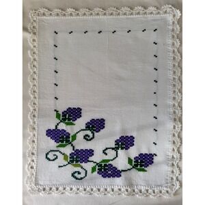 Handmade Mexican Embroidered Textile Napkin Purple Grape Vine Cross Stitch Lace